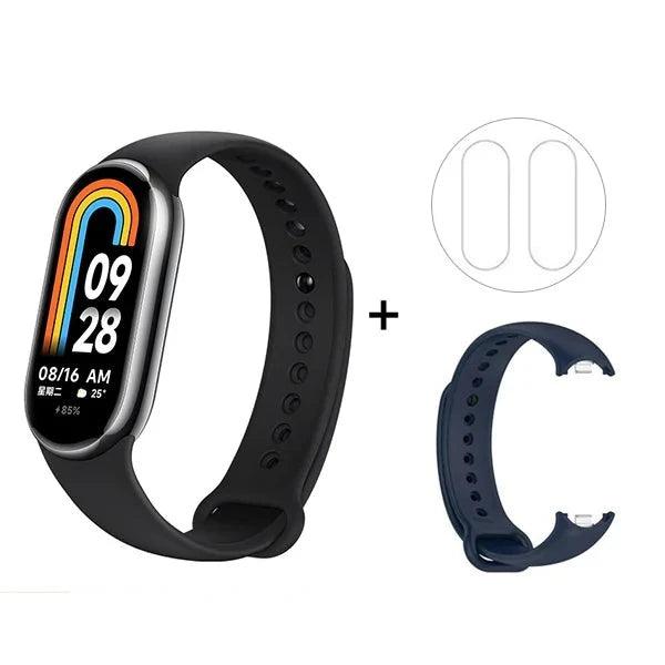 Smartwatch with black band and blue replacement band.