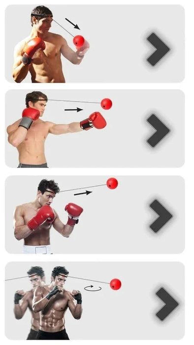 A series of images showing a man using a red boxing reflex ball to practice punching, illustrating the motion and exercise technique.