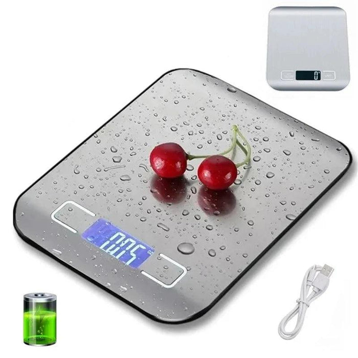 Digital kitchen scale with water droplets on a black surface, shown with cherries for scale, including a USB cable and battery level indicator.