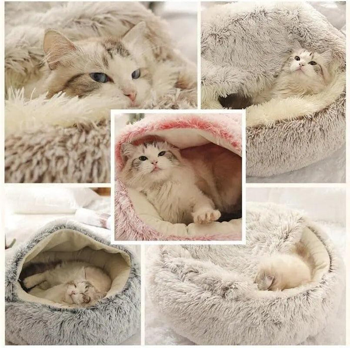 A collage of cats enjoying the plush, inviting comfort of the fluffy cat bed in various colors.