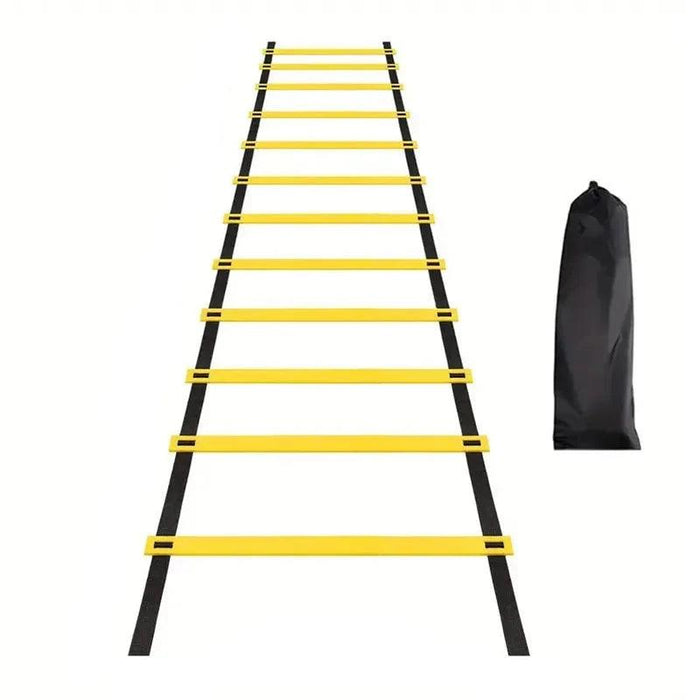 Yellow and black Agility Ladder with black bag display on white background.