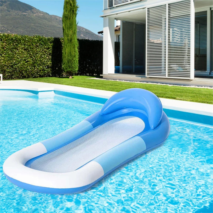 A blue inflatable pool float with a mesh center, floating in a pool.