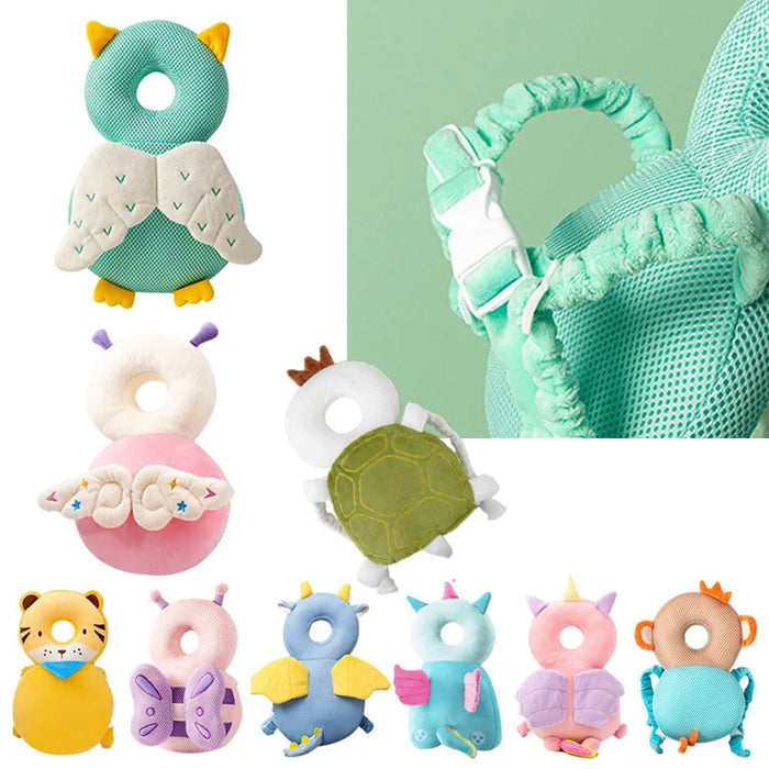 A variety of baby head protectors in different animal shapes, including a tiger, butterfly, unicorn, and more, displayed together.