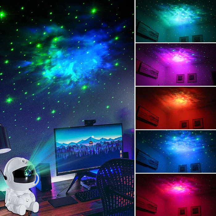 Astronaut-shaped LED projector on a desk, casting a vibrant green and blue nebula and star pattern on the ceiling and wall, with additional color variations shown on the side.