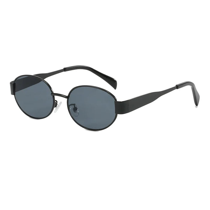 A pair of black-framed oval sunglasses with dark lenses.