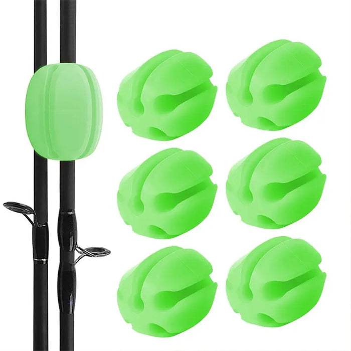 A set of silicone rod holders in green color, with one displayed in use on a fishing rod.