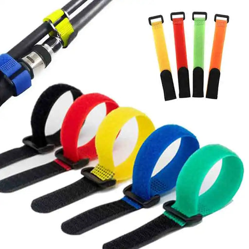 A variety of colorful Velcro straps, including red, yellow, green, blue, and orange, shown both individually and in use on a fishing rod to hold it securely.