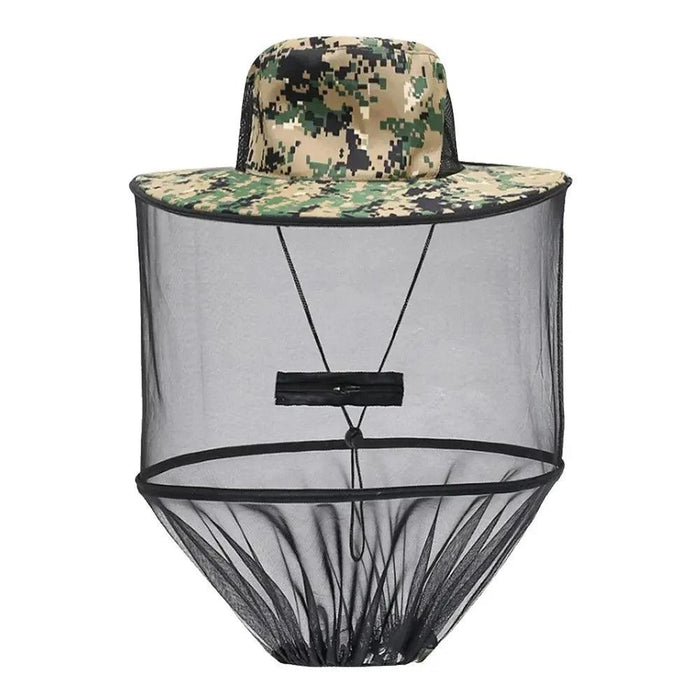 Camo-patterned hat with a black mesh net for face protection, featuring a digital camouflage design.