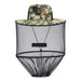 Camo-patterned hat with a black mesh net for face protection, featuring a digital camouflage design.