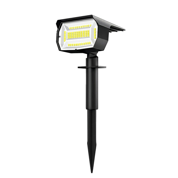 Black solar light with white LEDs, shown in a ground-stake configuration.