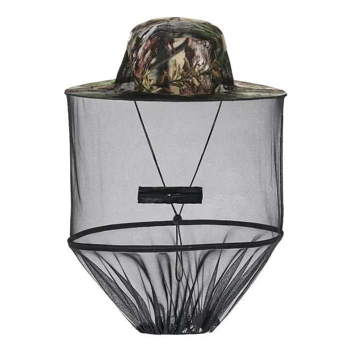 Jungle-patterned hat with a black mesh net for face protection, featuring a jungle design.