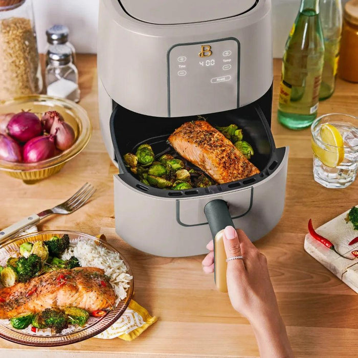 Smart Air Fryer, 3-qt capacity, 75% less fat, 4 presets, adjustable temp (170°F-400°F), easy cleanup, CE certified.