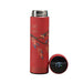 A tall, cylindrical thermos with a red body, adorned with illustrations of flying cranes and ocean waves. The lid, placed next to the thermos, displays a digital temperature reading of 19°C.