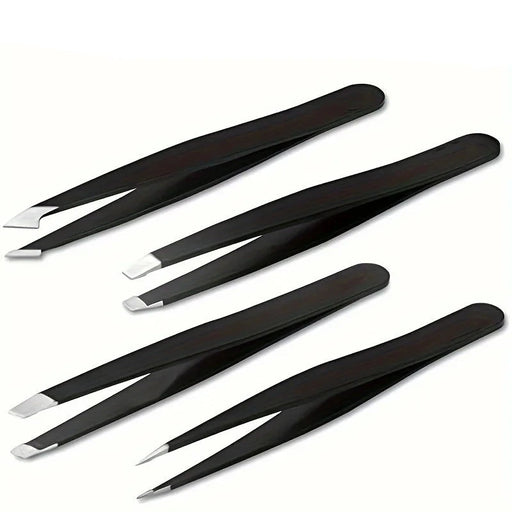 Four black tweezers with different tips arranged on a white background.