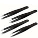 Four black tweezers with different tips arranged on a white background.