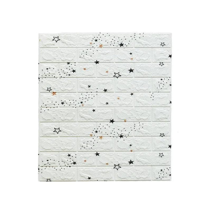 A white wall panel with black and gold star patterns.