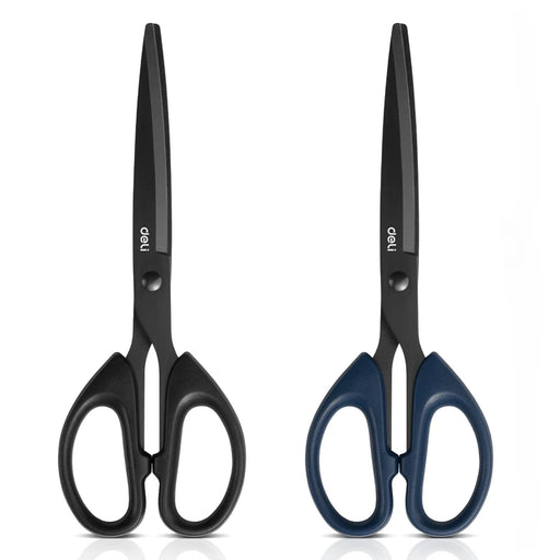 A pair of scissors with black handles and another with blue handles. Both have black blades and are displayed upright, highlighting their sturdy construction.