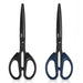 A pair of scissors with black handles and another with blue handles. Both have black blades and are displayed upright, highlighting their sturdy construction.