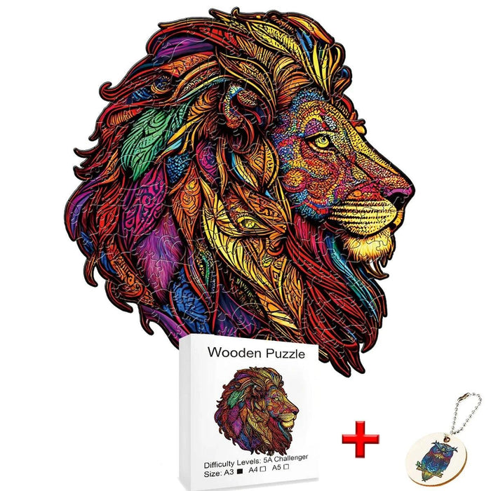 A colorful, detailed wooden puzzle of a lion, accompanied by an A4 size box and a keychain.