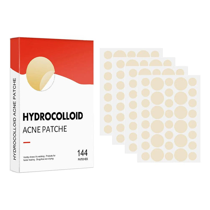 A package of hydrocolloid acne patches with 144 patches displayed.