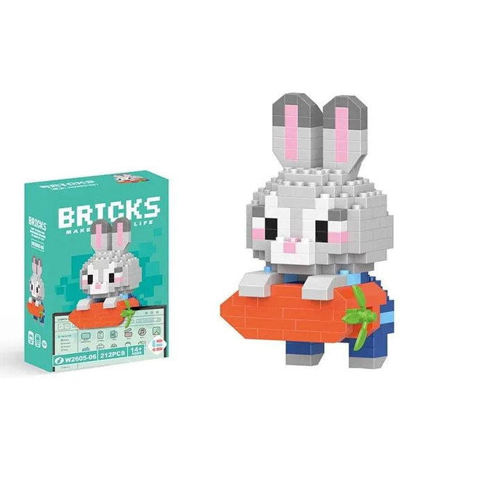 A single block-style toy figure of gray bunny, along with its teal packaging box. Display on white background.