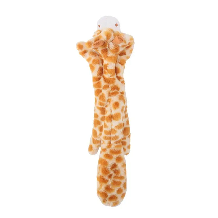 A plush dog toy resembling a giraffe with a furry tail.