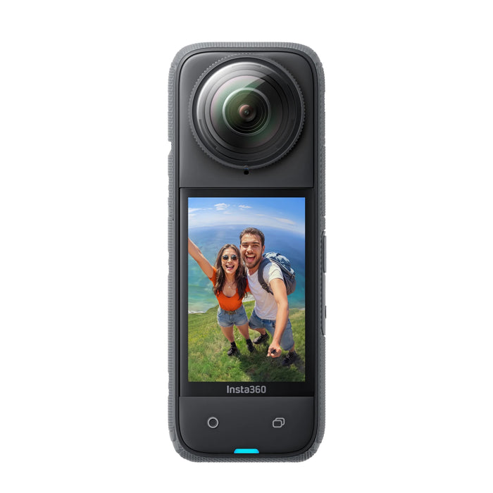 Insta360 X4 camera with two happy people on the screen,  display on white background.