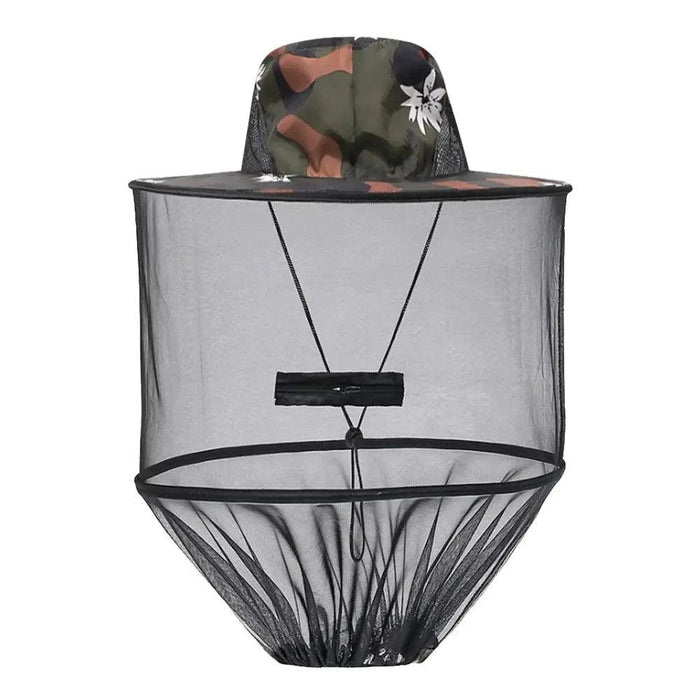 Camo-patterned hat with a black mesh net for face protection, featuring a camouflage design.