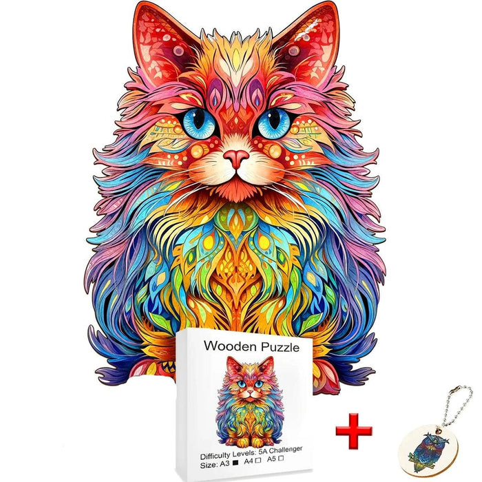 A colorful wooden puzzle of a cat with vivid, swirling patterns, presented with an A4 size box and a keychain.