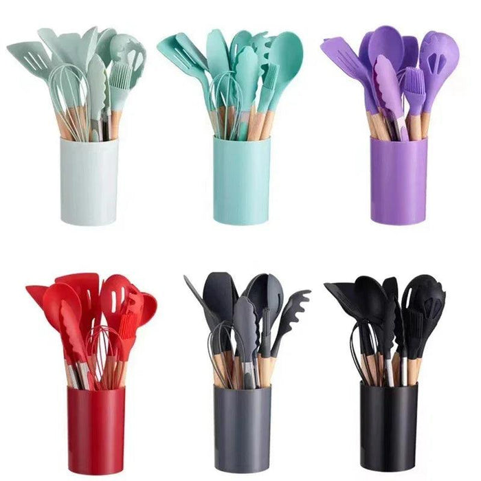 Multiple sets of kitchen utensils in different colors, including turquoise, black, gray, red, purple and mint green, displayed together on a white background.