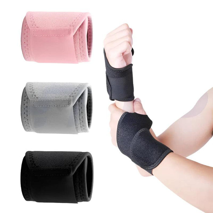 Three different wrist support wraps are shown flat: pink, gray, and black. A person is also shown wearing the black wrap, demonstrating its fit and adjustability.