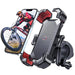 Sturdy bicycle phone mount featured in an action setting with a cyclist jumping out of the phone screen. The mount holds a smartphone securely in a carbon fiber patterned frame with red rubber grips, emphasizing its robust design and functionality for outdoor activities.