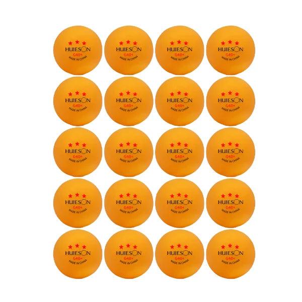 Twenty orange Huieson G40+ table tennis balls arranged in a grid, each with three red stars and "Made in China" text.