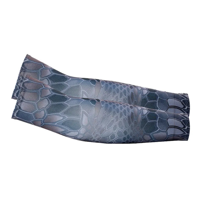 Dark grey and blue snake hexagonal camouflage sports arm sleeve, combining style with practicality for outdoor sports and activities. Display on white background.