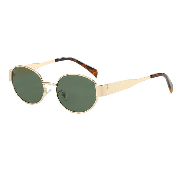 A pair of gold-framed oval sunglasses with green lenses.