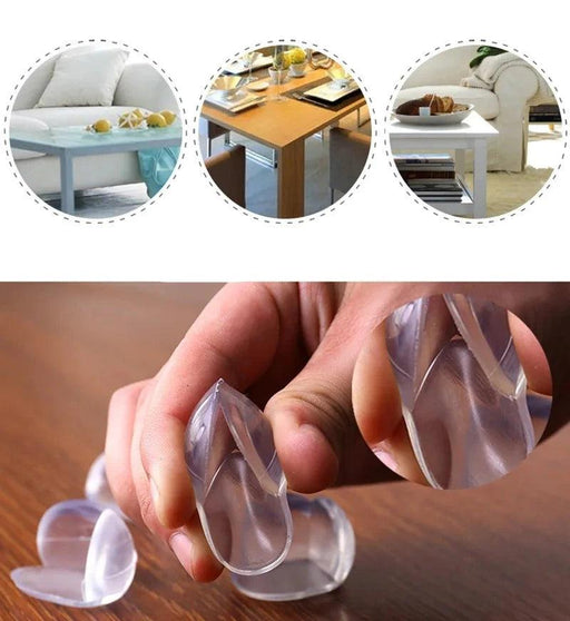 Close-up of a hand holding a clear corner protector, with additional corner protectors on the table and images of furniture in the background.