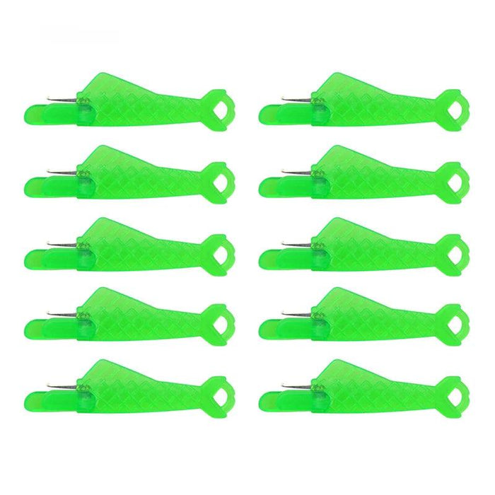 ten Fish Mouth Sewing Machine Needle Threaders in green.