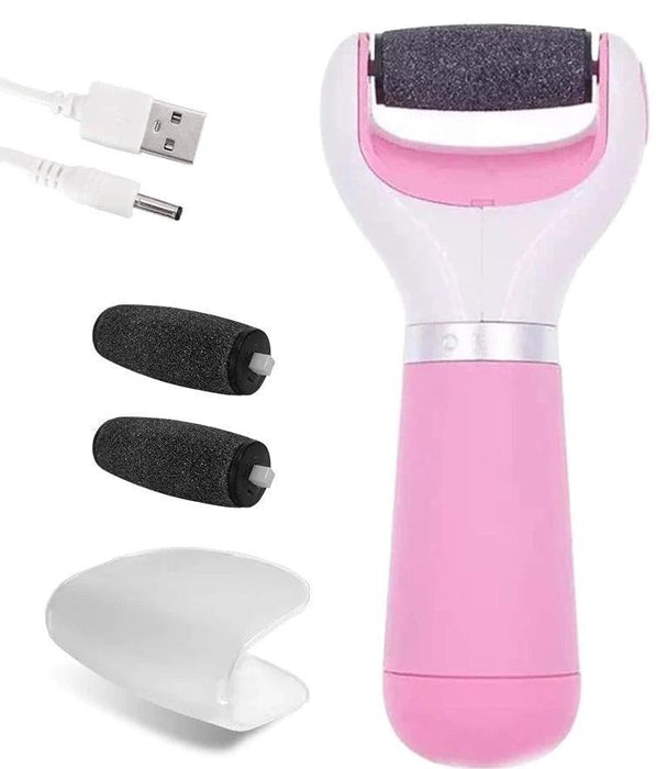 Foot care set includes: Foot file in white and pink, a USB cable, extra rollers, and a protective cover.