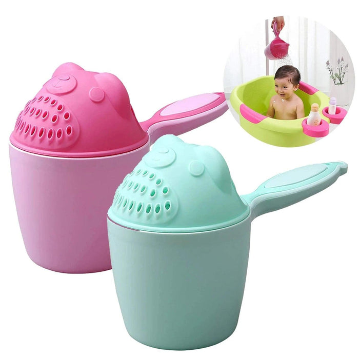 A side-by-side view of two baby rinse cups, one in pink and the other in mint green, with an inset image of a child being rinsed with one of the cups during bath time.