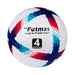 White Futmas soccer ball with red, blue, and black patterns.