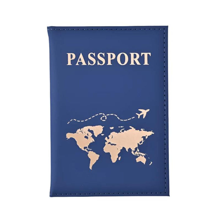 A single blue passport holder with a gold world map design and "PASSPORT" in gold text.