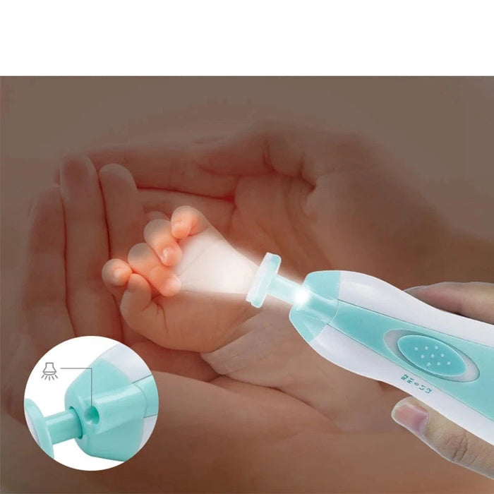 Blue baby nail trimmer in use, illuminating a baby’s fingernail for better visibility during trimming.