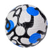 White soccer ball with black and blue abstract pattern.