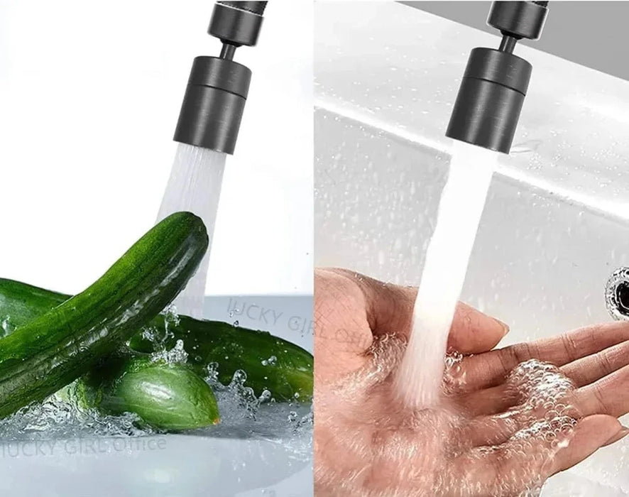 A black faucet attachment is shown on the left side, spraying water onto fresh green cucumbers, and on the right side, washing hands under a stream of water.