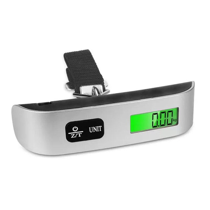 Sleek silver digital luggage scale with a green lit display showing zero weight, emphasizing its ready-to-use status.