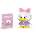 A single block-style toy figure of lady duck, along with its purple packaging box. Display on white background.