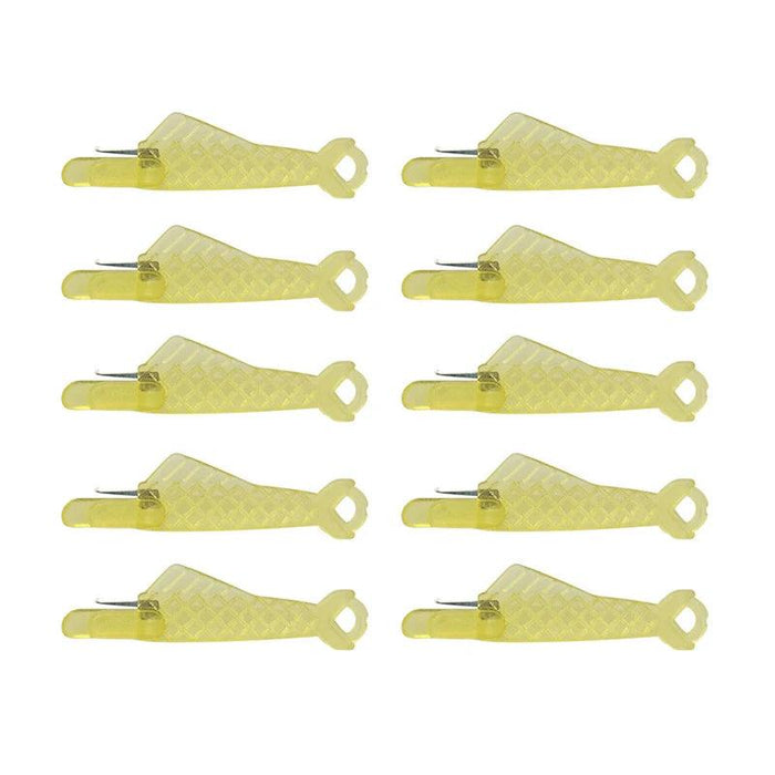 Ten Fish Mouth Sewing Machine Needle Threaders in yellow.