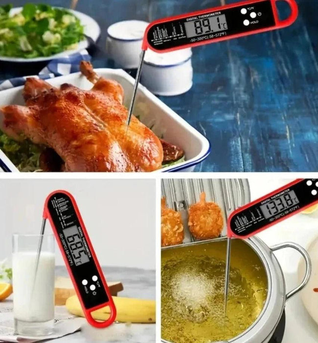 A collage showing a digital thermometer in various cooking scenarios, including measuring the temperature of roasted chicken, a glass of milk, frying oil, and meat.