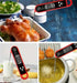 A collage showing a digital thermometer in various cooking scenarios, including measuring the temperature of roasted chicken, a glass of milk, frying oil, and meat.