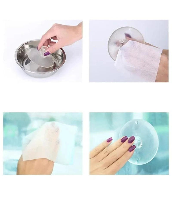 Instructions on how to clean and attach the suction cups, demonstrating the process with a bowl of water, a cleaning cloth, and a window.